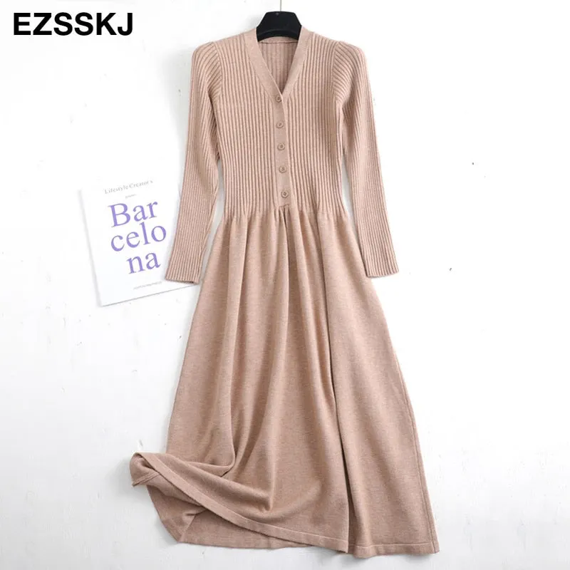 Autumn Winter Knit Long Dress Women Casual V-Neck Slim Bodycon robe Sweater Dresses Office Lady  THICK MAIX Dress
