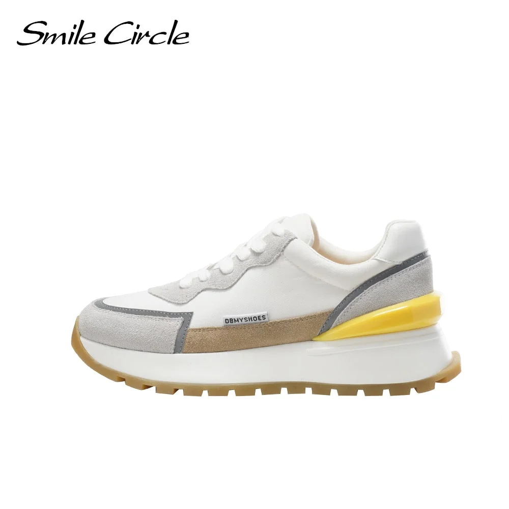Smile Circle Women Sneakers Flat Platform shoes Cow Leather spring fashion Reflective Breathable Thick bottom Ladies Shoes