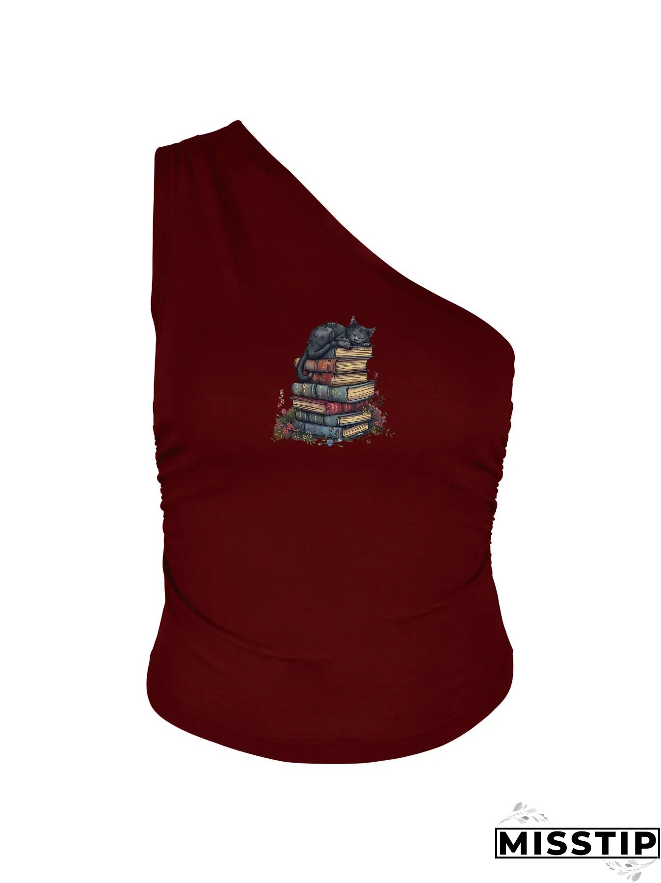 Adorable Cat Nap Books Print Crop One Shoulder Tank Top Sleeveless Casual For Summer