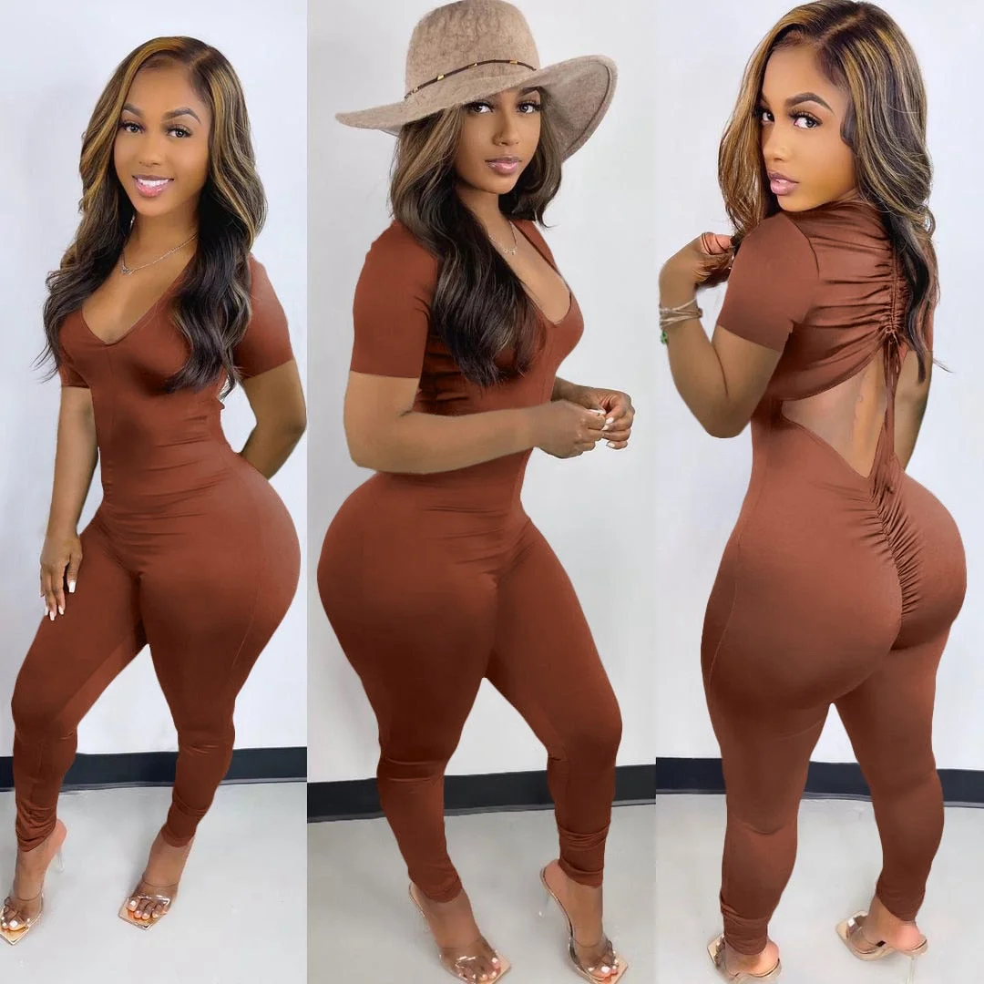 CM.YAYA Women Long Sleeve Ruched Open Back V-neck Jumpsuit Streetwear Sexy Party Solid High Waist One Piece Overall Playsuits