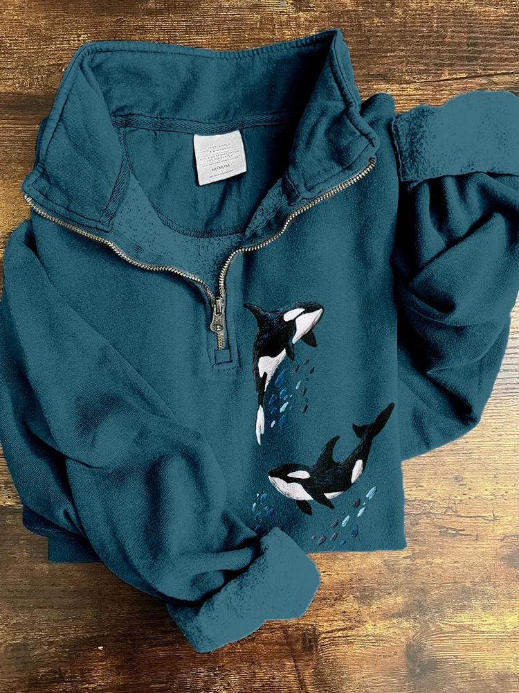Whales Embroidery Art Pattern Zip Up Sweatshirt