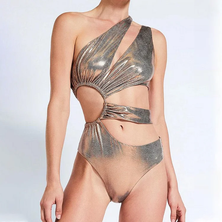 One Shoulder Cutout Glossy Sexy One Piece Swimsuit