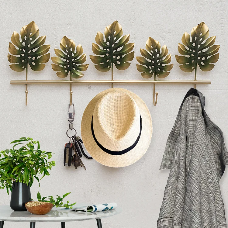 Homemys Nordic Style Metallic Green Leaves Hooks Home Wall Decor Art