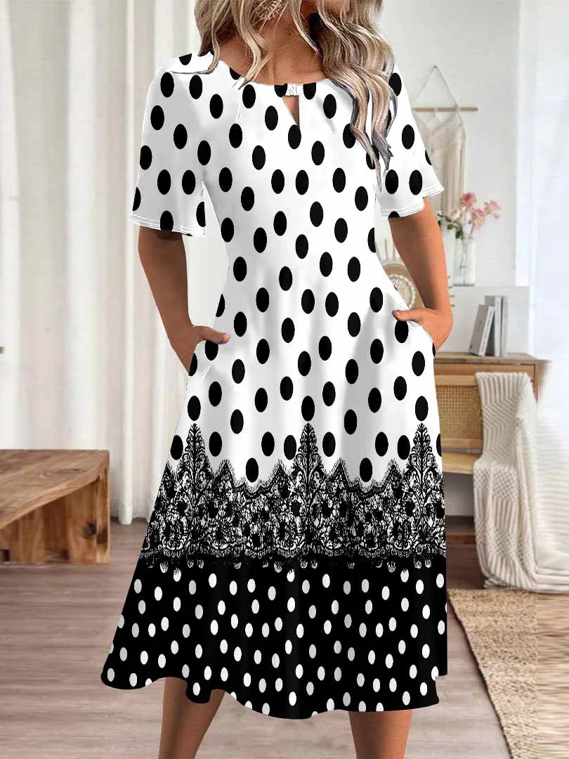 Women Polka Dot,White DZHA8020 Short Sleeve Scoop Neck Graphic Printed Hollow Midi Dress