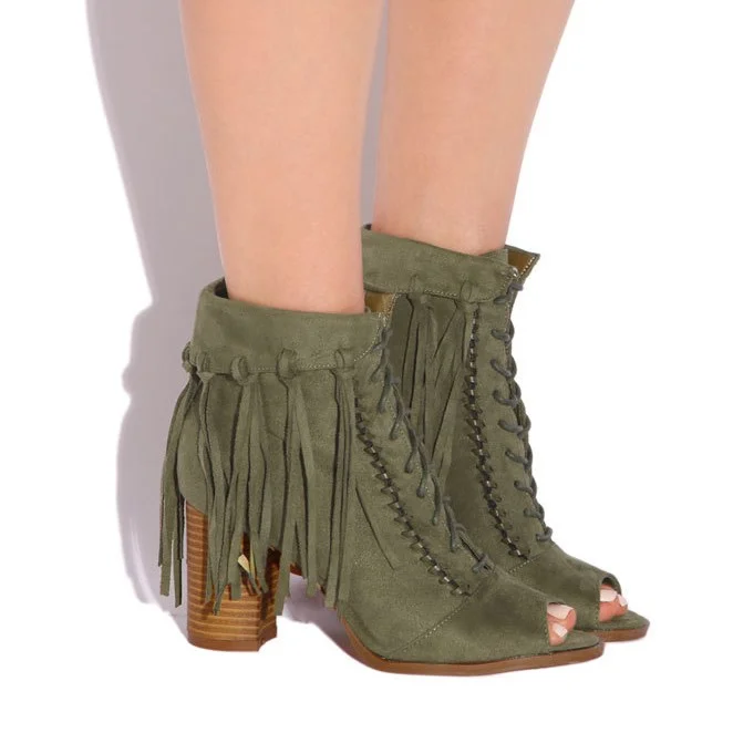 Olive Green Suede Fringe Ankle Boots with Block Heel and Peep Toe Vdcoo