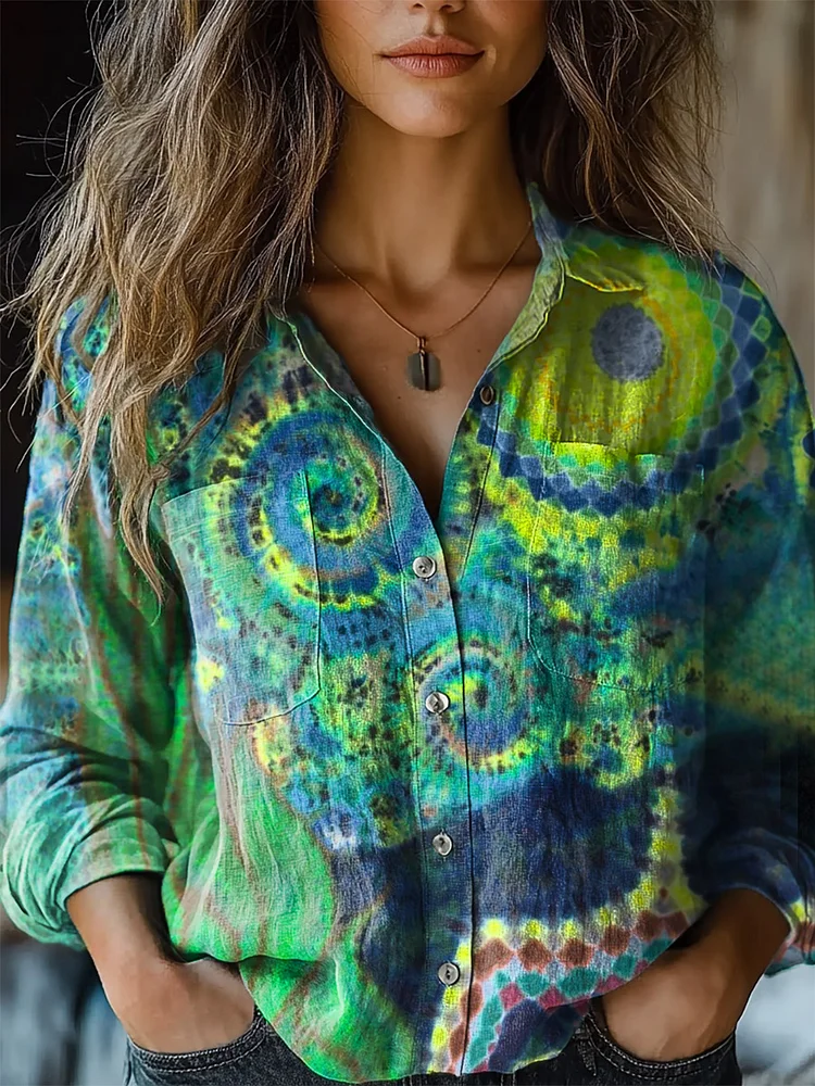 Women's Retro Tie Dye Print Casual Long Sleeve Comfortable Cotton Shirt