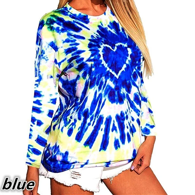 Women Tie-Dye Heart Print T-shirt Creative Casual O-Neck Long Sleeve Clothes Autumn 5XL Large Size Ladies Loose T-Shirt