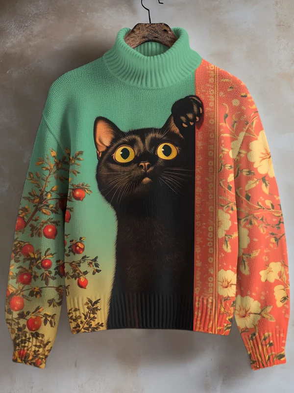 Women's Black Cat By The Wall Print High Neck Knit Sweatshirt