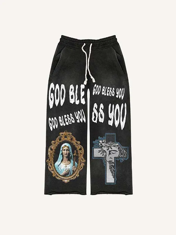 Mary&Jesus&Cross&Letter Print Elastic Waist Pants