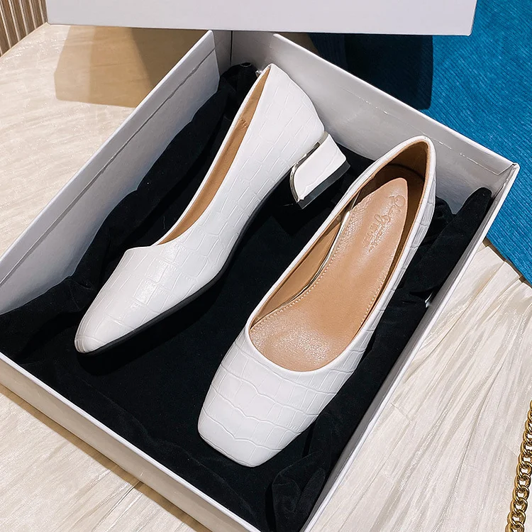 Casual White Square Headed Chunky Heels Pumps Shoes  Flycurvy [product_label]