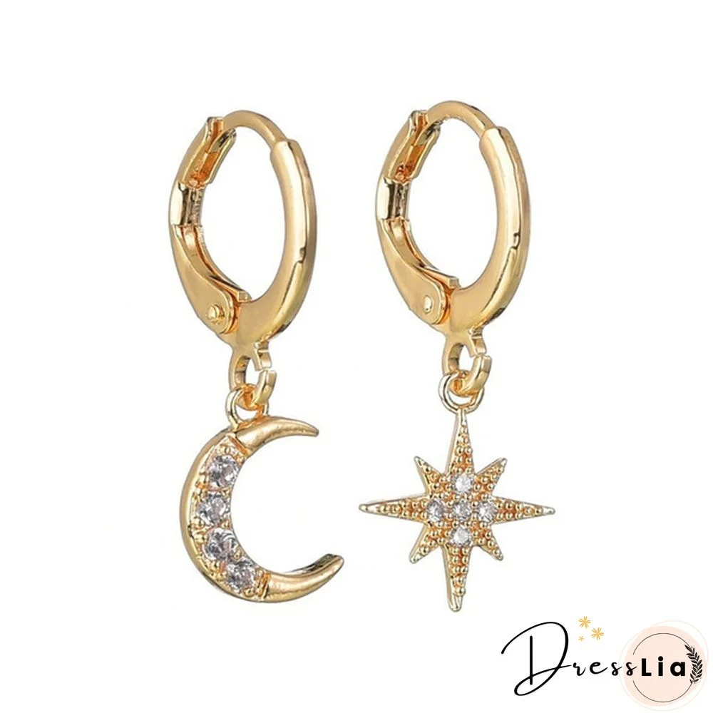 New 925 Silver Personality Asymmetric Star Moon Earrings Female Zircon Earrings Jewelry