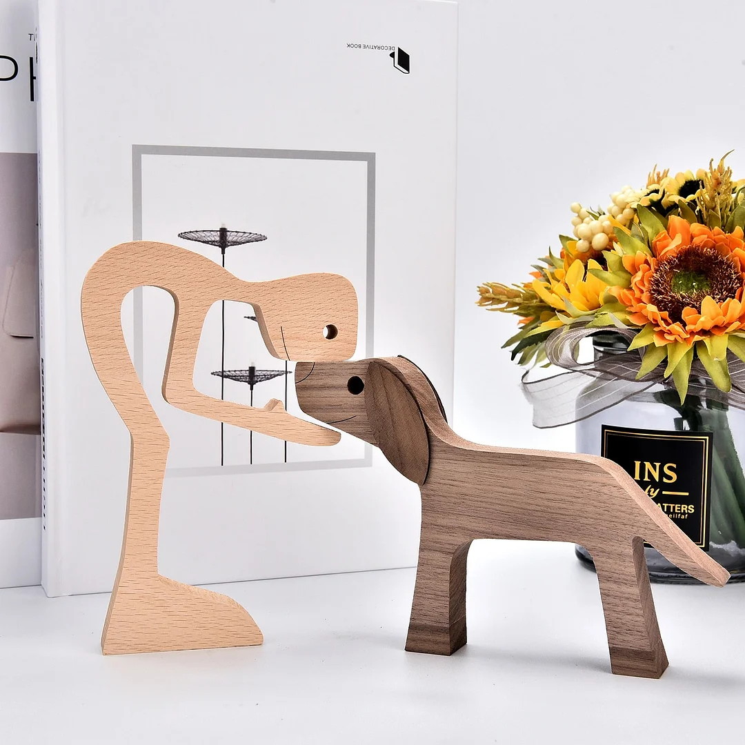 Handmade Wood Dog Decor Sculptures Craft Creative Figurine Ornement Decoration For Bedroom Home Office Decor Gift Natural