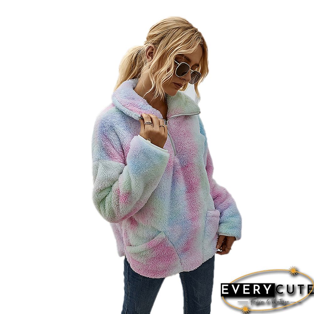 Light Pink Tie Dye Print Zip Neck Plush Sweatshirt