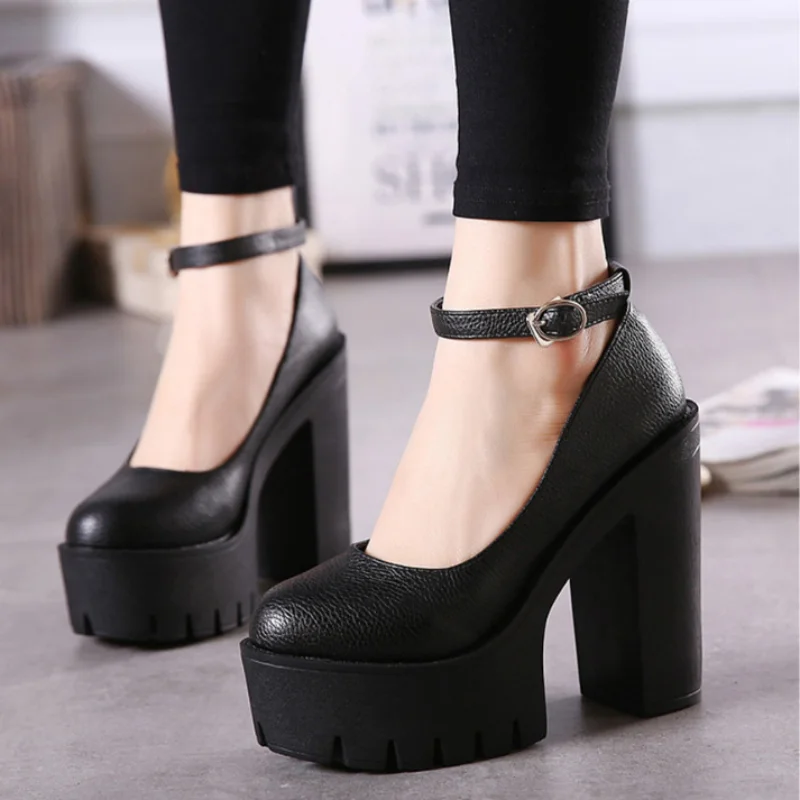 Qengg New Women's High Heels Fashion Round Toe Chunky Heel Mary Jane Shoes Platform Waterproof Buckle Casual Shoes Sapato Salto Alto