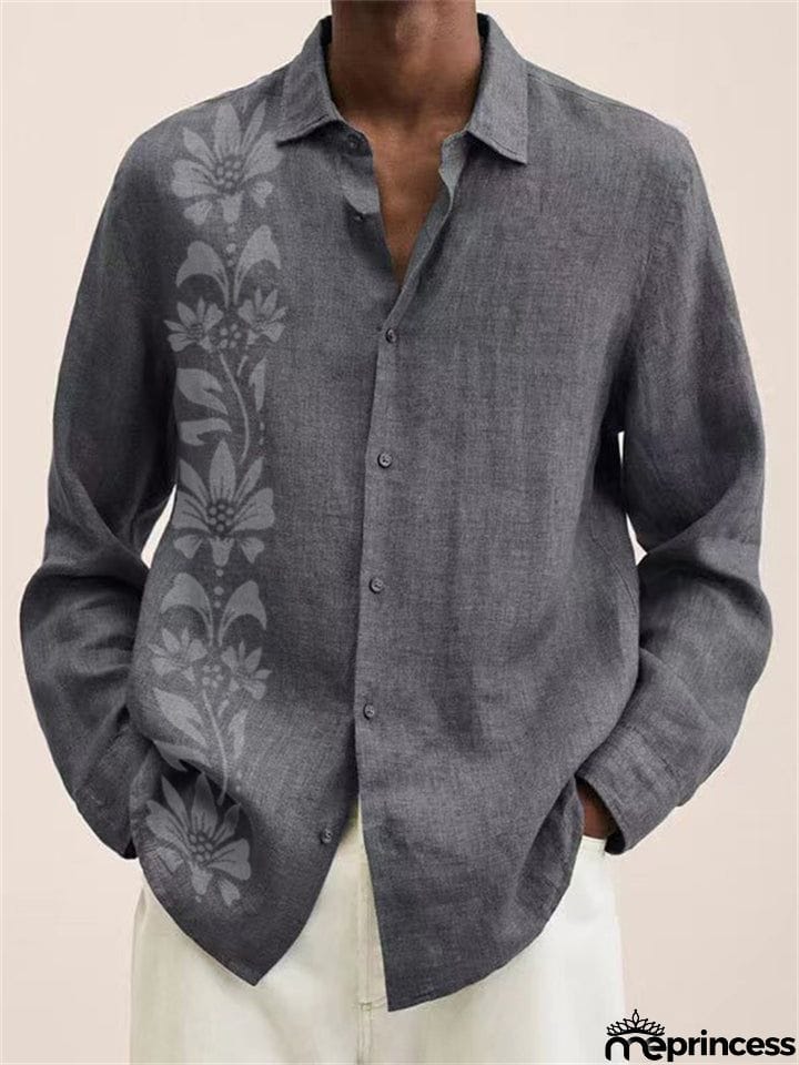 White Floral Printed Long Sleeve Super Soft Cotton Shirt for Men