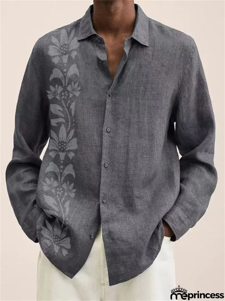 White Floral Printed Long Sleeve Super Soft Cotton Shirt for Men