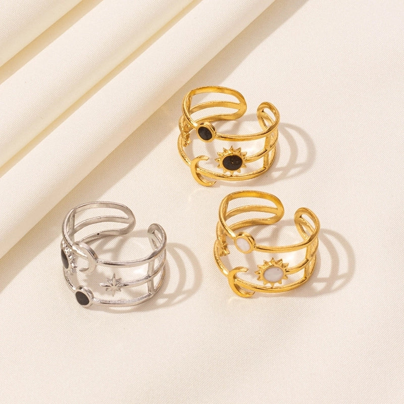 French Style Modern Style Geometric Sun Moon 304 Stainless Steel 18K Gold Plated Polishing Enamel Open Rings