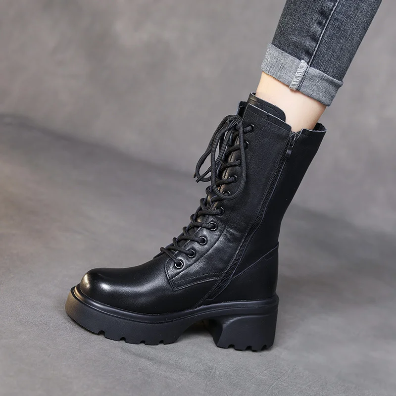 Yyvonne Boots Thick Background Retro Martin Boots Women Leather Autumn And Winter New Velvet And Coarse And Locomotive Boots