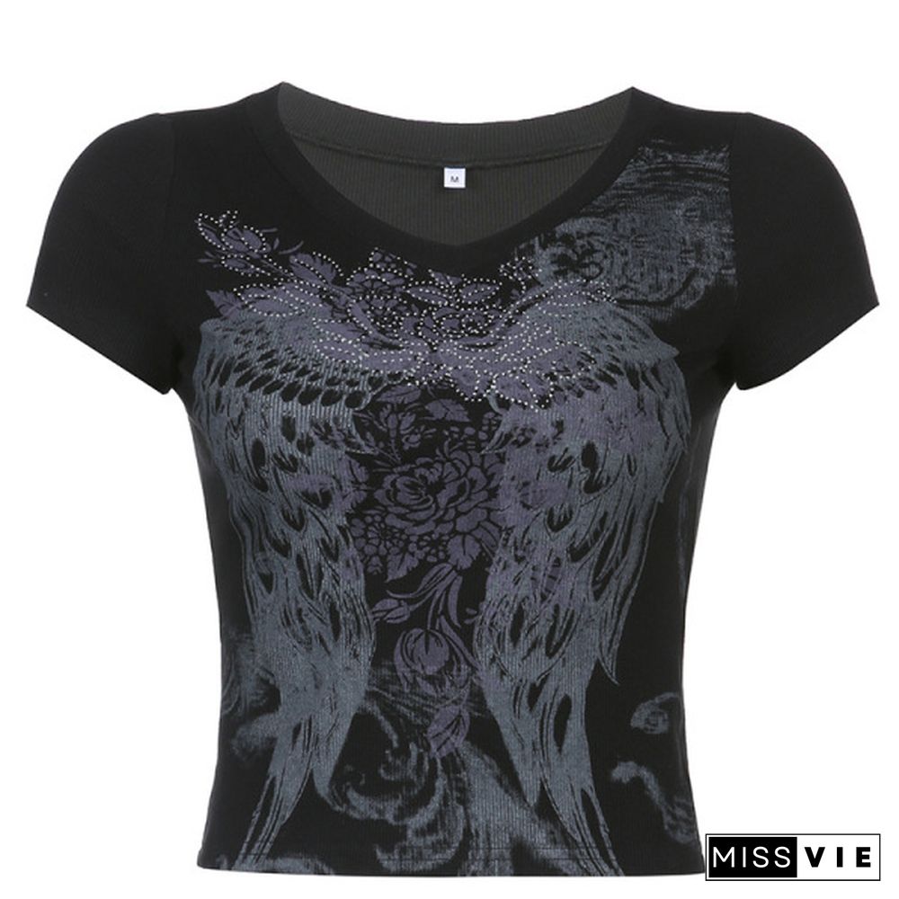 Heart Wing Graphic Printed Threaded Rhinestone Short Sleeve Shirt