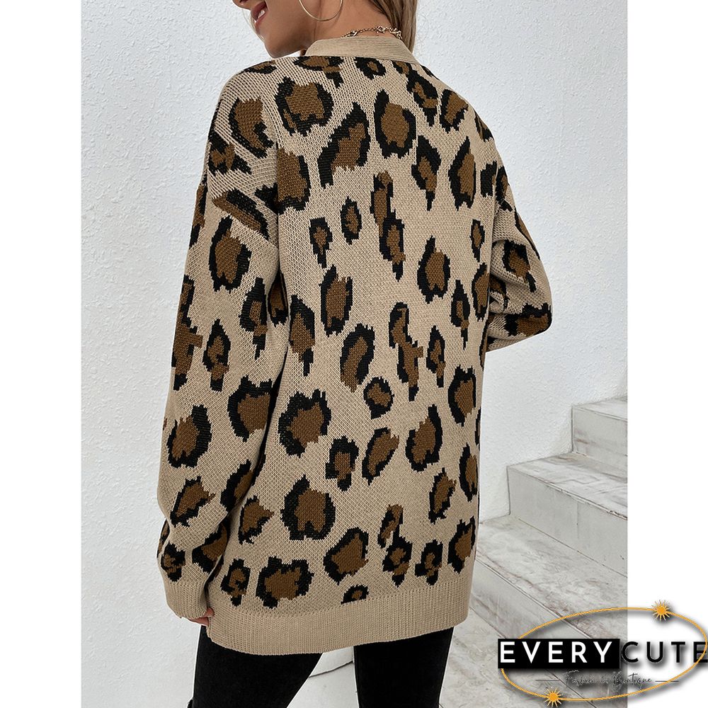 Khaki Contrast Leopard Print Pocket Open Front Cardigan