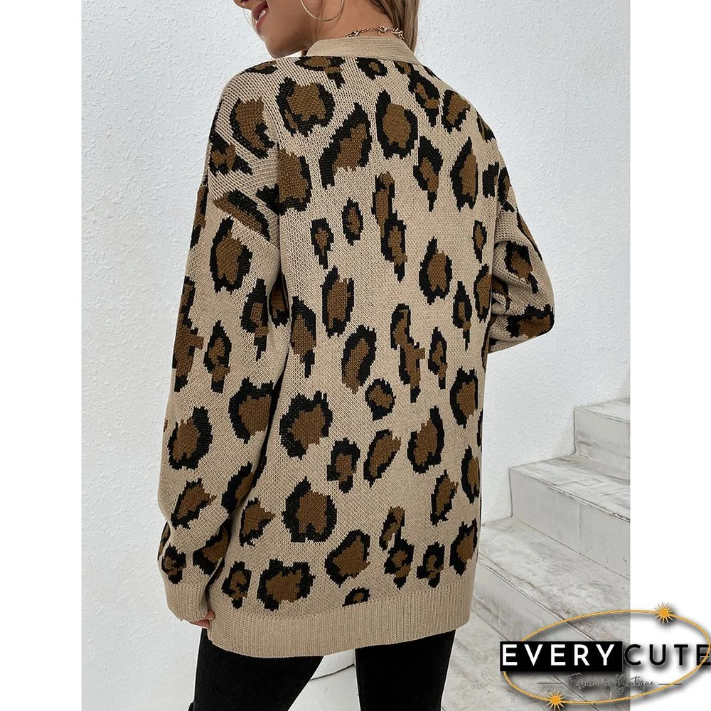 Khaki Contrast Leopard Print Pocket Open Front Cardigan