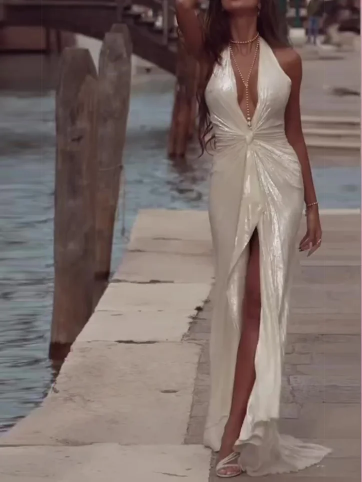 White Halter Neck Deep V Sleeveless Dress
