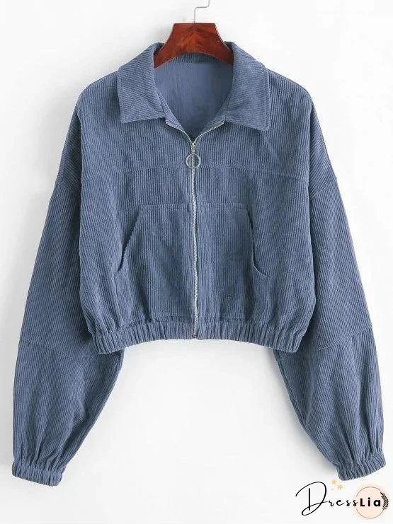 Corduroy Pocket Pull Ring Drop Shoulder Jacket for Women