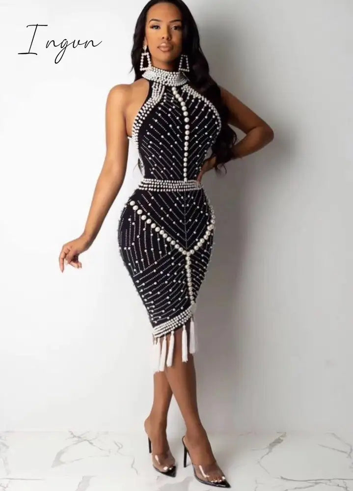 Ingvn - Xl Xxl High Quality Celebrity White Black Tassel Beading Sexy Rayon Bandage Dress Cocktail