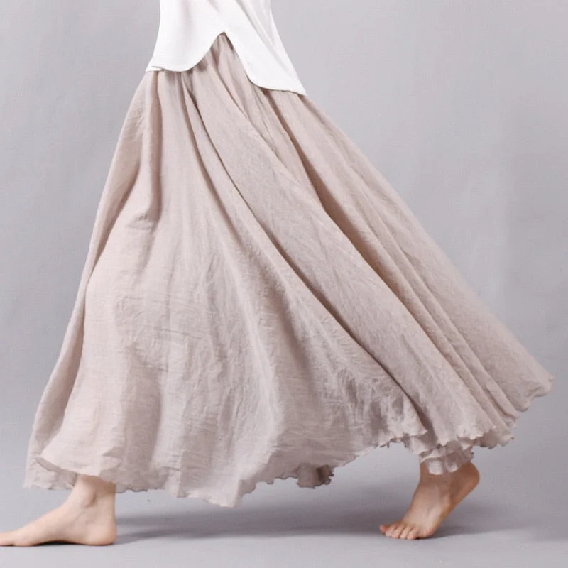 Women Linen Cotton Long Skirts Elastic Waist Pleated Maxi Skirts Beach Boho Vintage Summer Skirts Faldas Saia