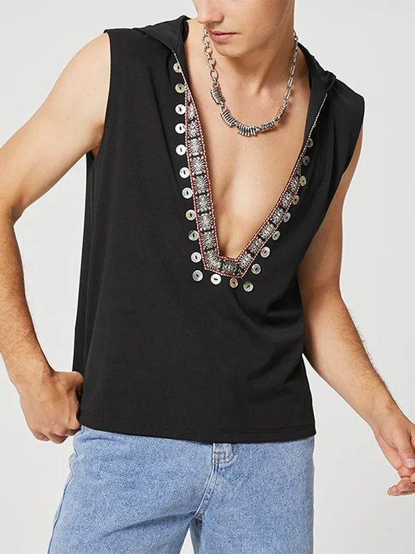 Aonga - Mens Button Boho Embroidered Hooded Tank TopJ