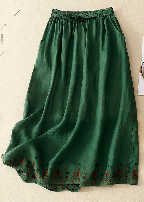 Vintage Green Embroidered Linen A Line Skirt Summer