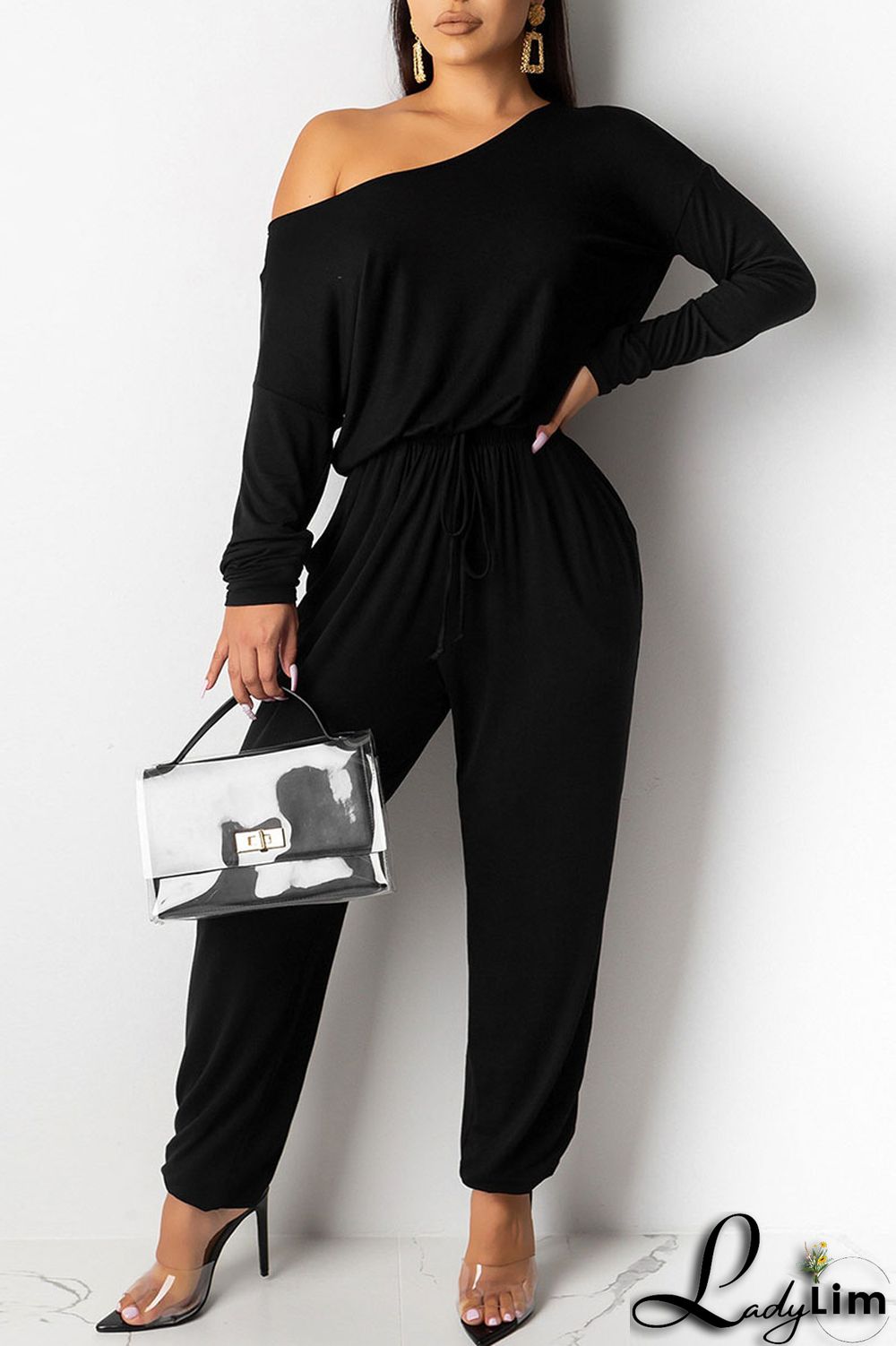 Grey Casual Solid Patchwork Frenulum Oblique Collar Straight Jumpsuits