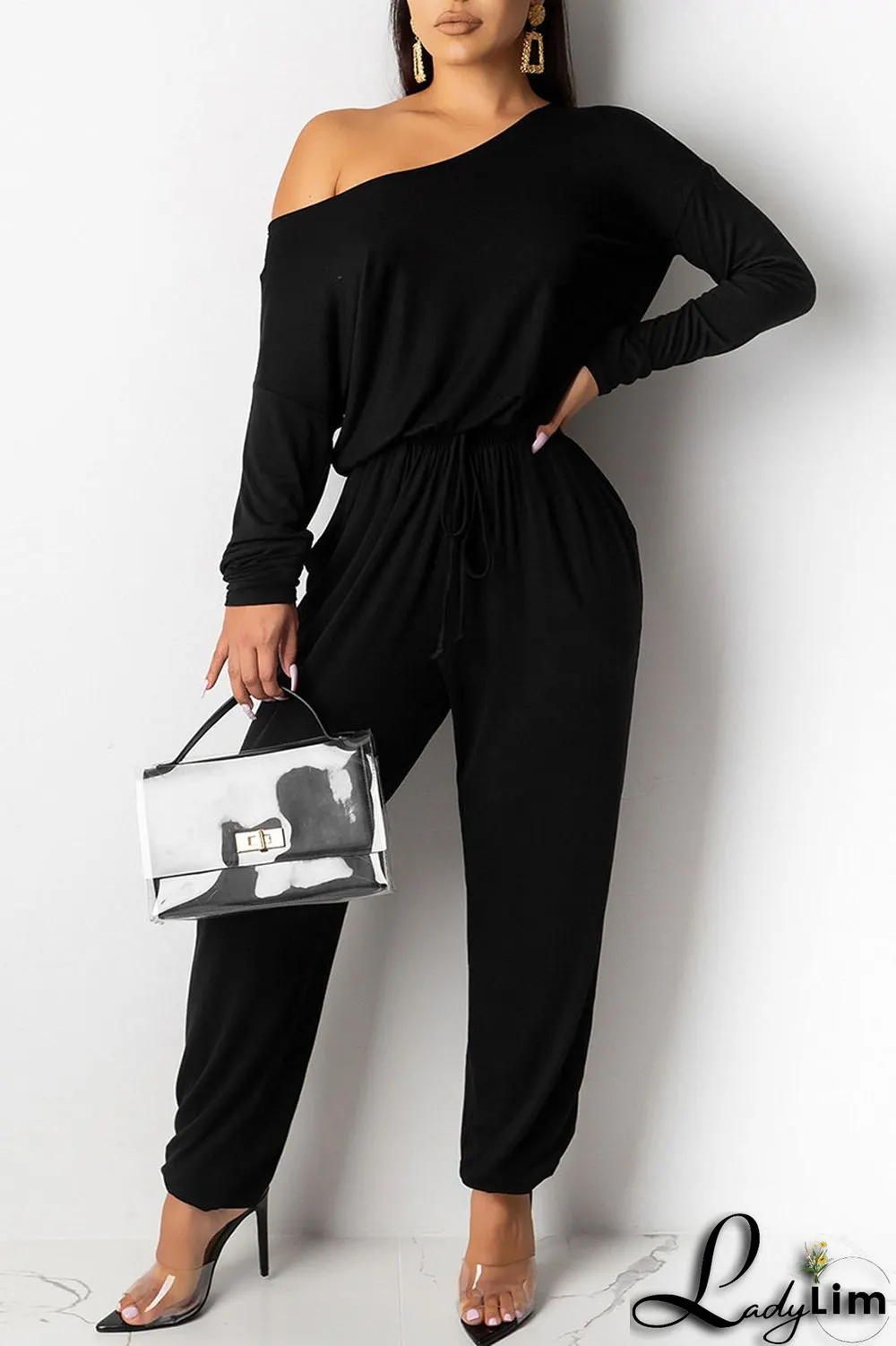 Grey Casual Solid Patchwork Frenulum Oblique Collar Straight Jumpsuits