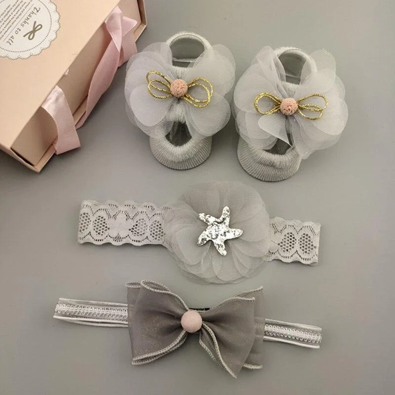 3Pcs/Set Lace Flower Baby Girl Headband Socks Set Crown Bows Newborn Hairband Headbands For Girls Turban Baby Hair Accessories