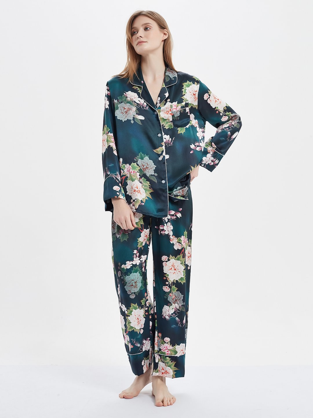 19 Momme Green Floral Silk Pajamas