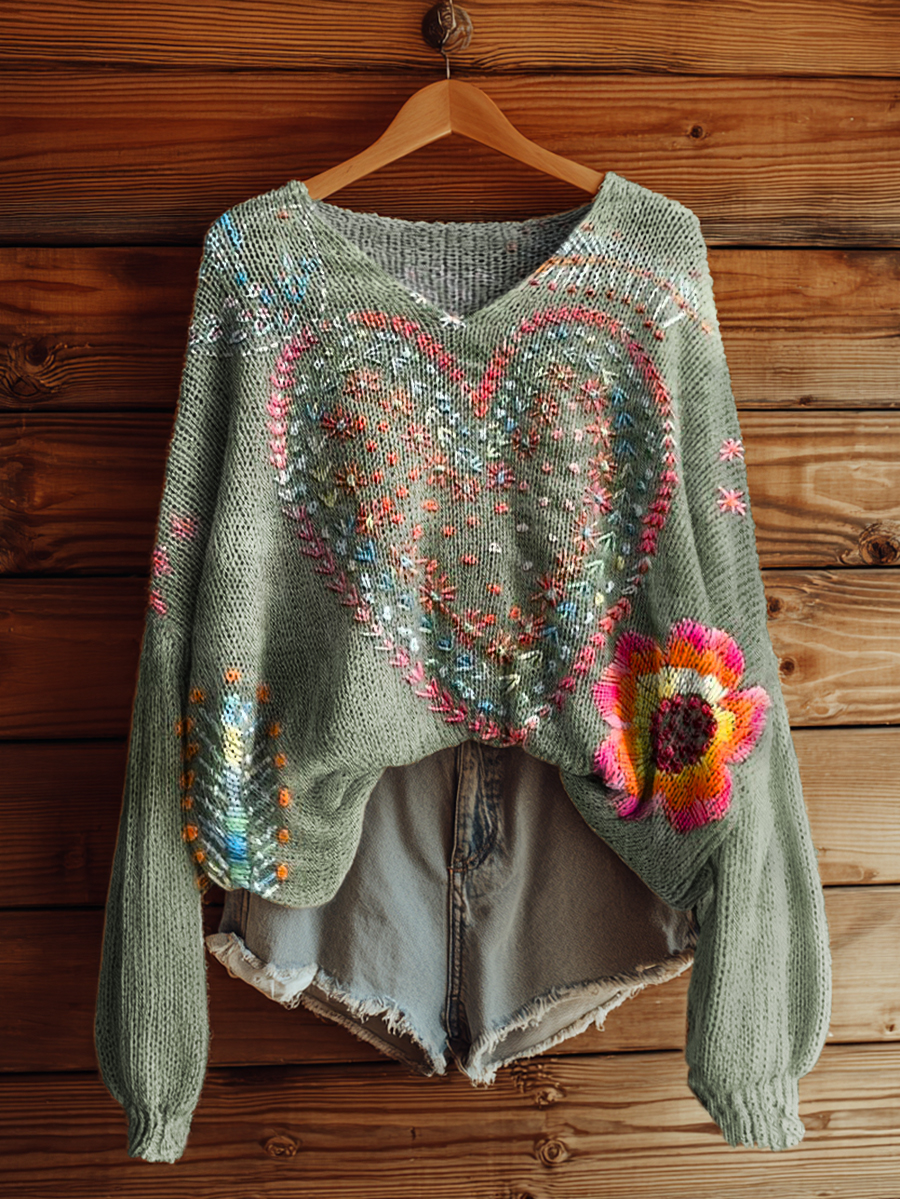 Women's Vintage Bohemian Floral Love Art Print Casual Pullover Sweater