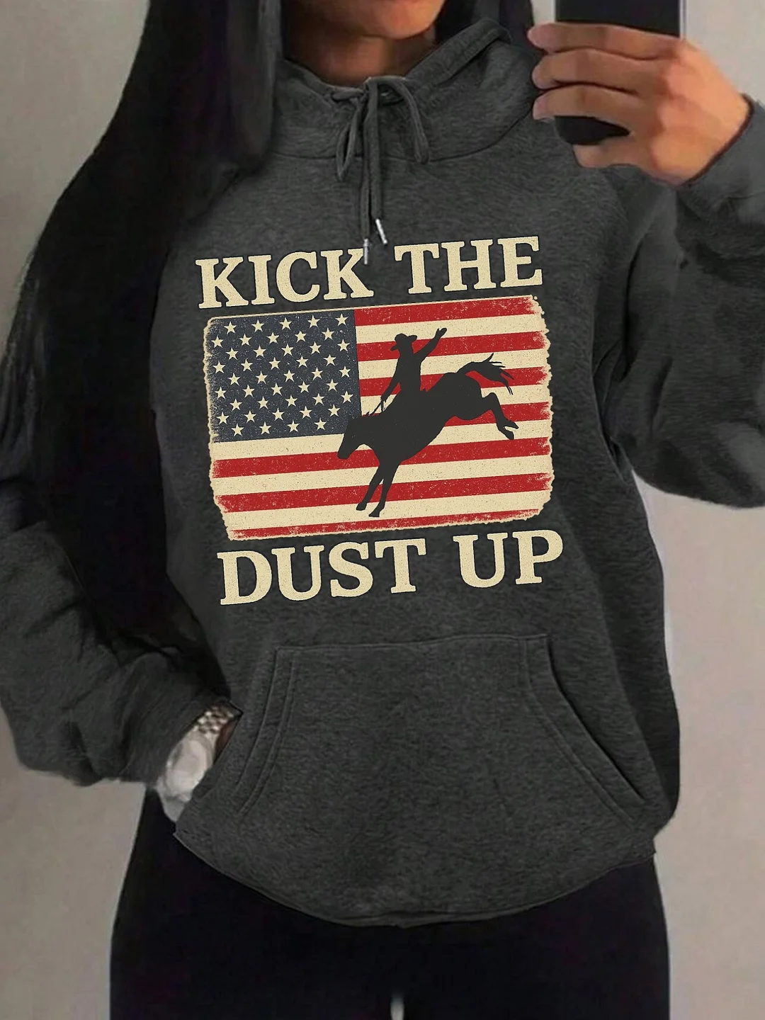 Western Cowboy, American Flagprinted Women's Plain Long Sleeve Drawstring Hooded Loose Casual Sweatshirt, Autumnwinterspringsummer, Long Sleeve Tops, Solid Color Hoodie, Loose Hoodie, Suitable For Spring, Summer, And Autumn | IFYHOME