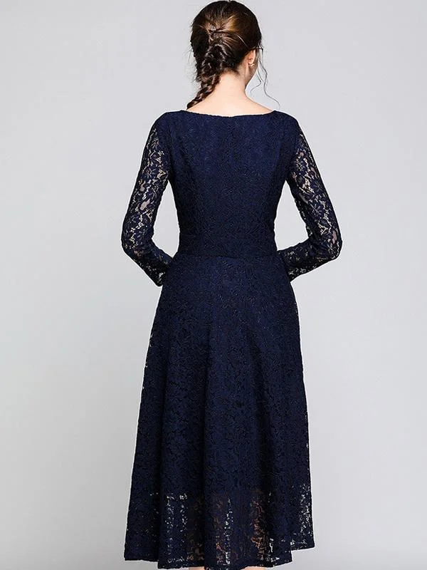 Temperament V-neck mid-length lace big dress