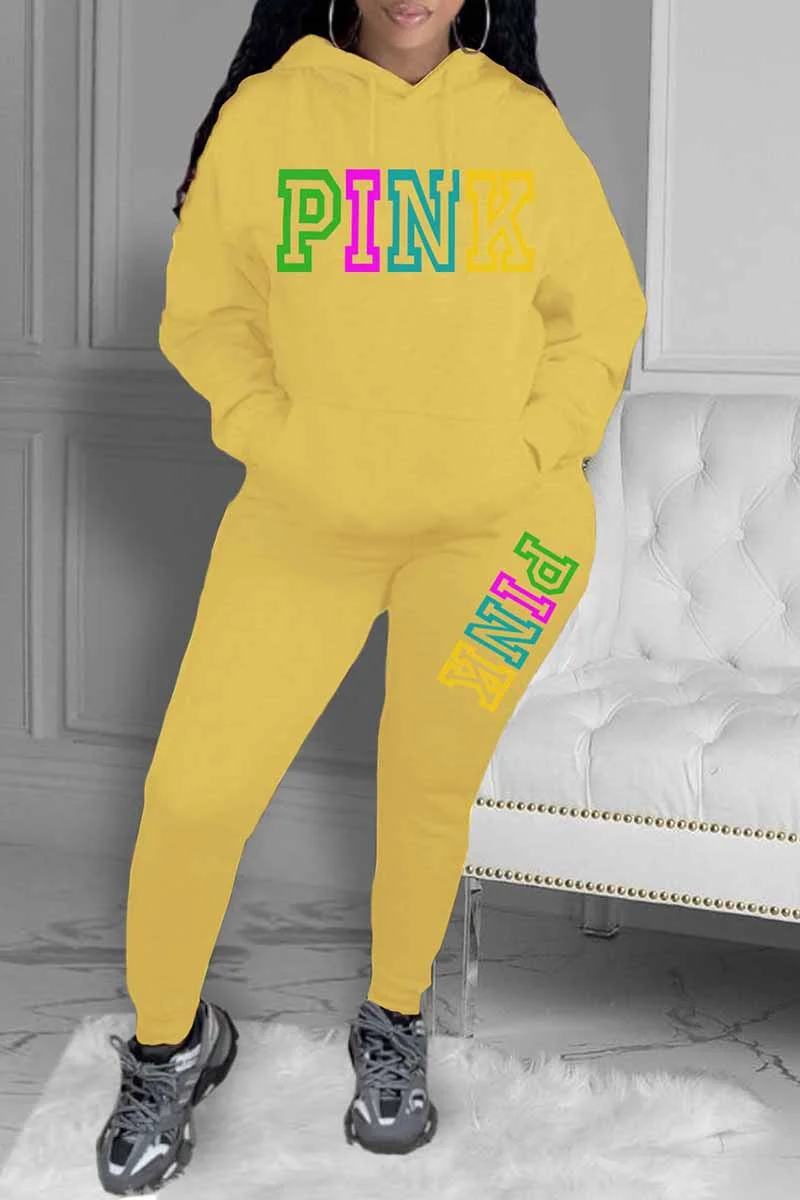 Yellow Casual Print Letter Hooded Collar Long Sleeve Two Pieces
