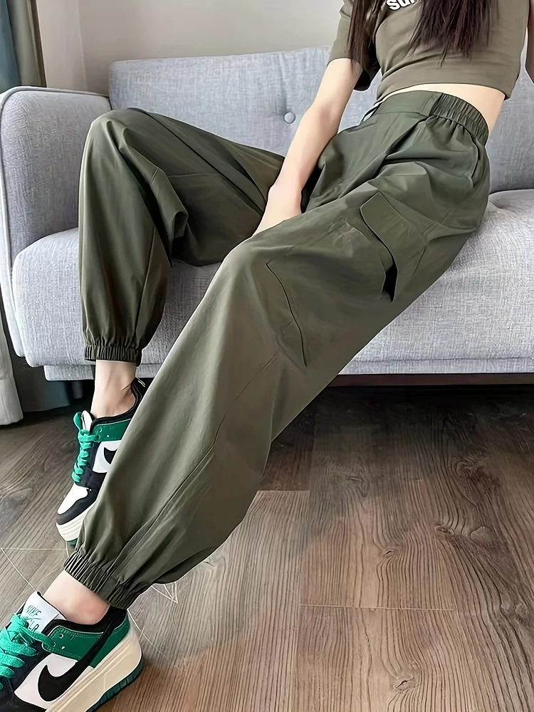 Women's High-Waisted Elastic Waist Cargo Pants - Casual Cropped Polyamide Blend, Loose Fit With Pockets For Spring/Summer - Asian Collection