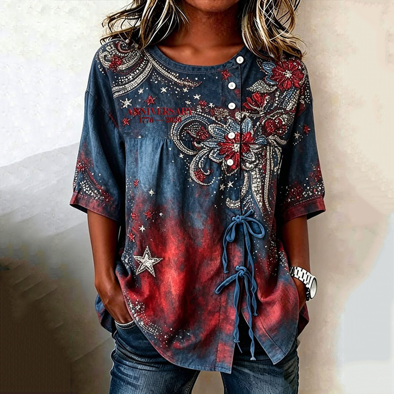  Women's Independence Day Flag & Floral Pattern Casual Short-sleeve V-neck Shirt Westsshops