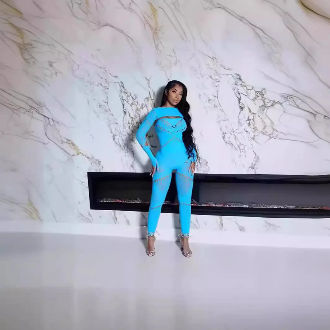 Uveng Uveng Female Solid Color Round Collar Hollow Short Sleeve Lace Sexy Body Knit Short Sleeve Jumpsuit