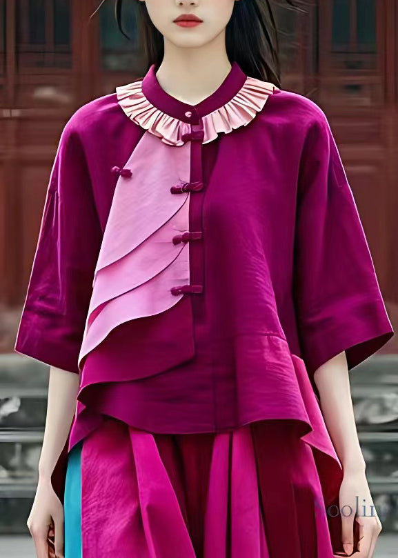 VCSHOES Purple O-Neck Patchwork Low High Design Shirt Half Sleeve