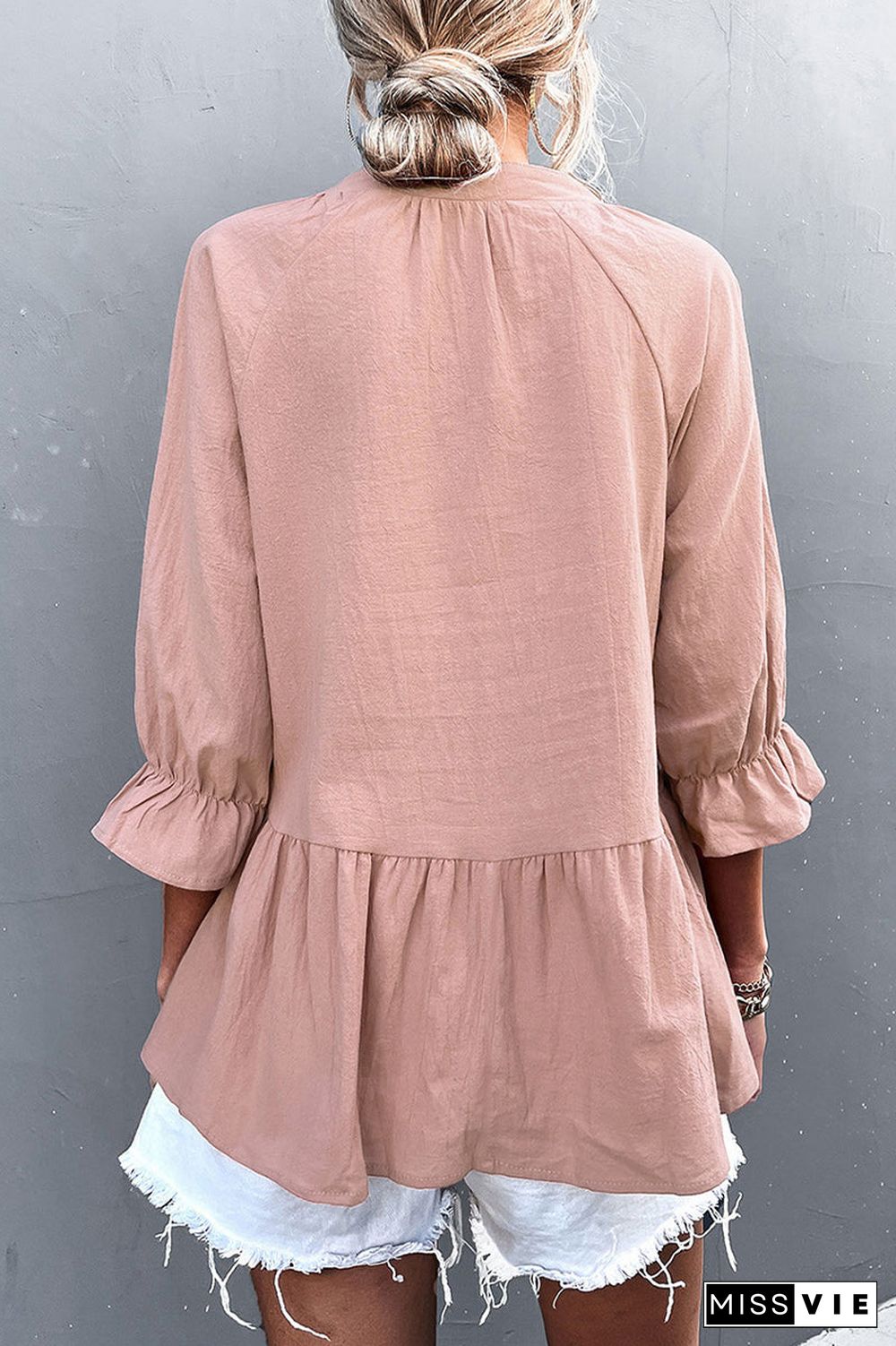 Casual Solid Flounce Fold V Neck Tops(5 Colors)