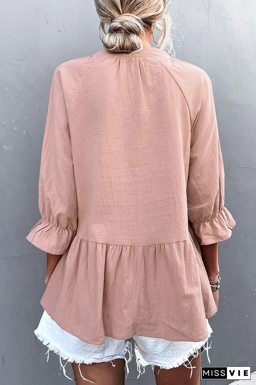 Casual Solid Flounce Fold V Neck Tops(5 Colors)