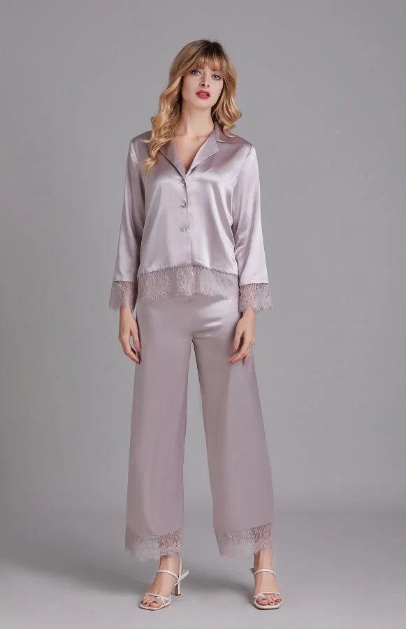 Women'S Ice Silk Long Sleeve Lace Pajama Set