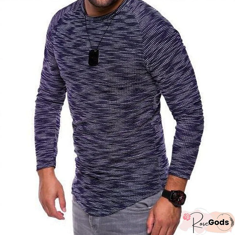 Fashion Slim Casual Long Sleeve T Shirt Men's Autumn Fit Elastic Striped O-Neck Pullover Sexy T-shirt