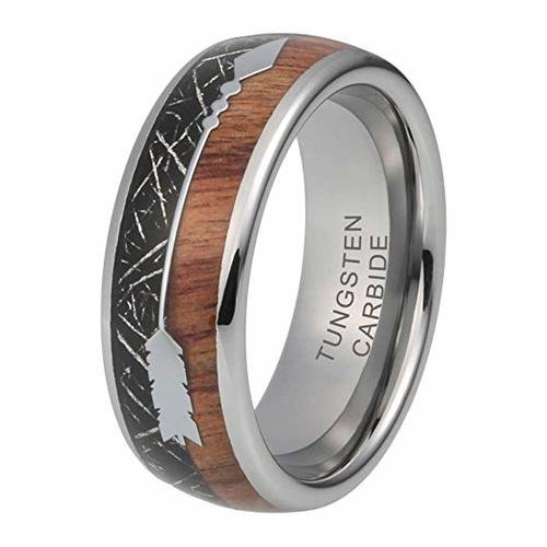 Women's Or Men's Tungsten Carbide Wedding Band Matching Rings,Silver Tone Cupid's Arrow with Wood and Black Inspired Meteorite Inlay,Tungsten Carbide Domed Top Ring With Mens And Womens Rings For 4MM 6MM 8MM 10MM