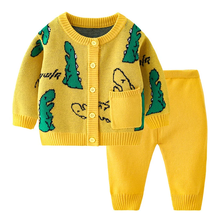 Baby Boy/Girl Ribbed Knit Dinosaur Cardigan Sweatshirt with Pants Set