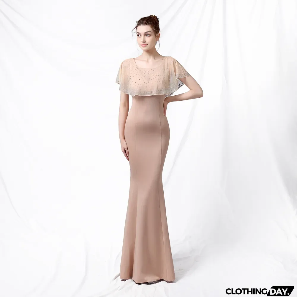 Bride Cape Solid Sleeveless V-Neck Long Mermaid Wedding Evening Dress Two Piece Set